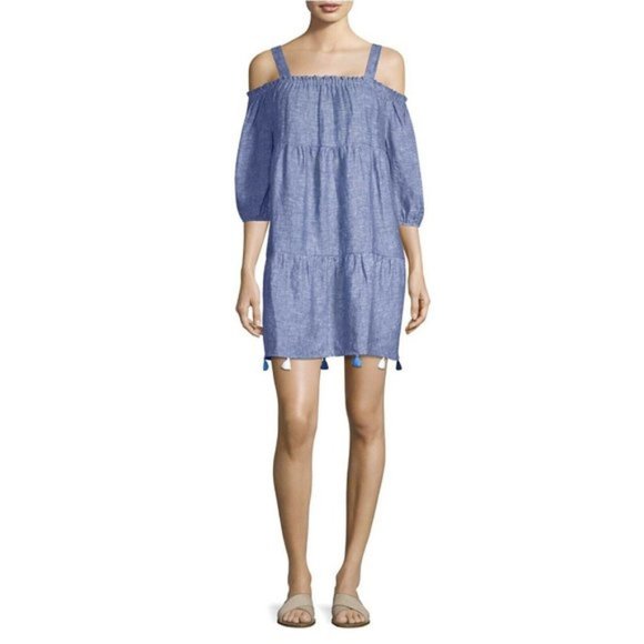 Vineyard Vines size S Linen Mini Tunic Dress Cold strap Shoulder Chambray Shift - Picture 1 of 7